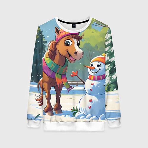 Женский свитшот Лошадка и снеговик / 3D-Белый – фото 1
