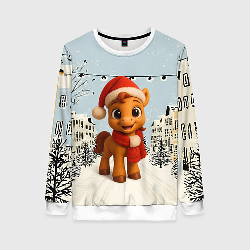 Женский свитшот Милая новогодняя лошадка с шарфом / 3D-Белый – фото 1