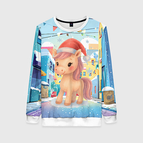 Женский свитшот Лошадка с новогоднем венком / 3D-Белый – фото 1