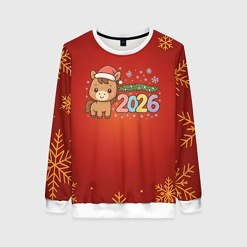 Женский свитшот Новогодняя лошадка 2026 на красном фоне / 3D-Белый – фото 1