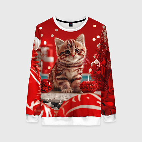 Женский свитшот Рыжий новогодний котенок / 3D-Белый – фото 1