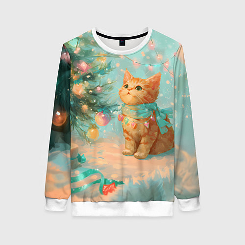 Женский свитшот Милый рыжий котенок любуется елкой / 3D-Белый – фото 1