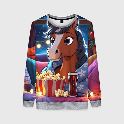 Женский свитшот Новогодняя лошадка с попкорном / 3D-Меланж – фото 1