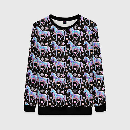 Женский свитшот Новогодние лошади y2k / 3D-Черный – фото 1