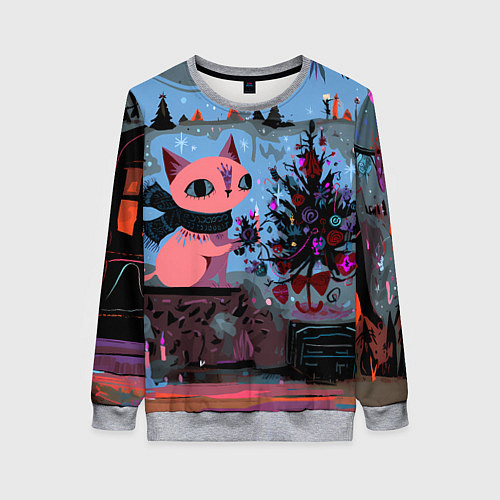 Женский свитшот Кошка празднует Новый год / 3D-Меланж – фото 1