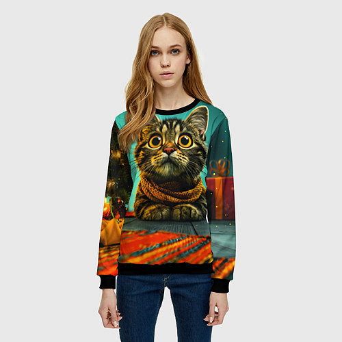 Женский свитшот Котик под елкой / 3D-Черный – фото 3
