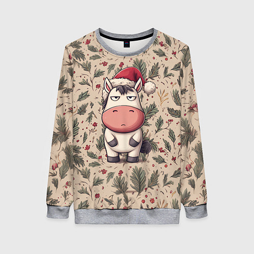 Женский свитшот Новогодняя лошадка на фоне елочных веток / 3D-Меланж – фото 1