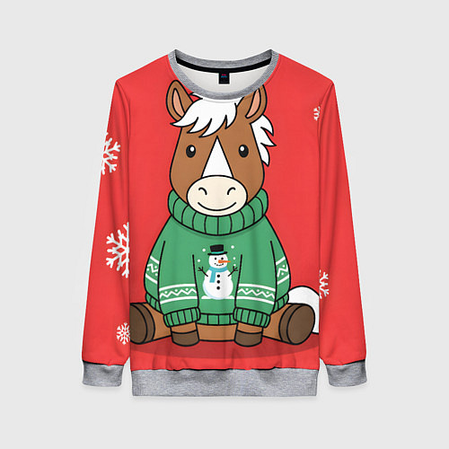 Женский свитшот Новогодняя лошадка в зеленом свитере / 3D-Меланж – фото 1