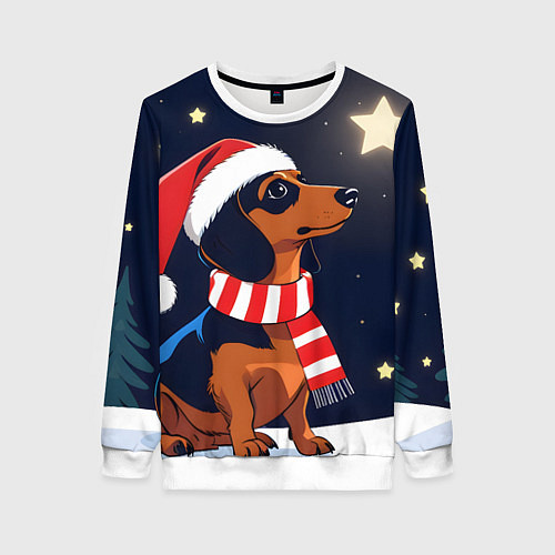 Женский свитшот Новогодняя такса и звезды / 3D-Белый – фото 1