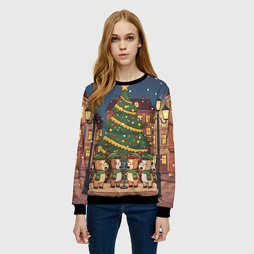 Женский свитшот Новогодний хор лошадок / 3D-Черный – фото 3