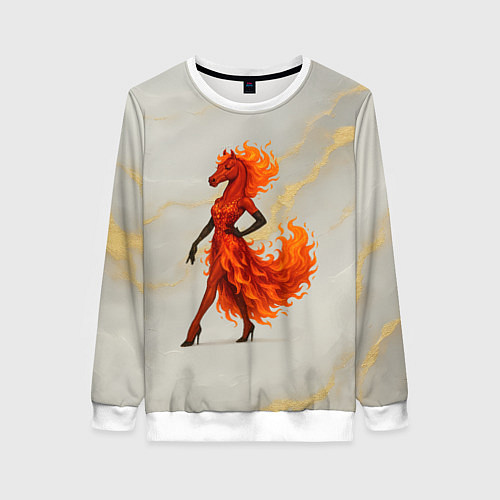 Женский свитшот Красная огненная лошадка походка по подиуму / 3D-Белый – фото 1