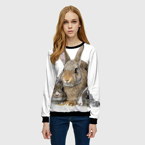 Женский свитшот Кролики - семейство / 3D-Черный – фото 3