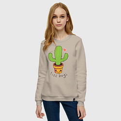 Свитшот хлопковый женский Cactus: free hugs, цвет: миндальный — фото 2