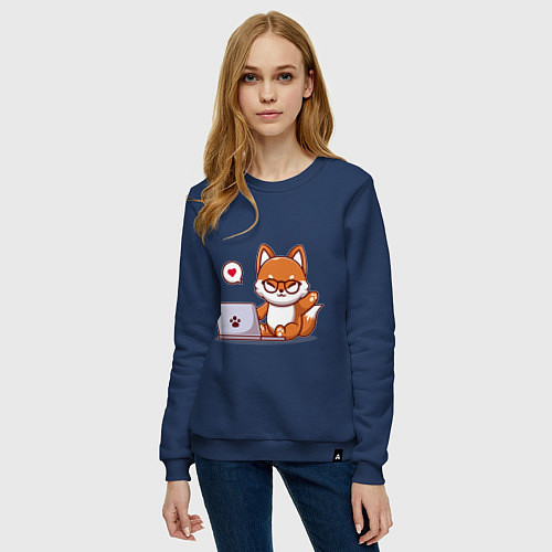 Женский свитшот Cute fox and laptop / Тёмно-синий – фото 3