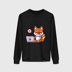 Свитшот хлопковый женский Cute fox and laptop, цвет: черный