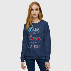 Свитшот хлопковый женский Live love laugh, Живи, люби, цвет: тёмно-синий — фото 2