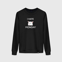 Свитшот хлопковый женский I hate monday текст с котом, цвет: черный