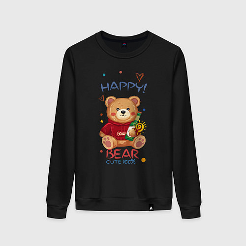 Женский свитшот СЧАСТЛИВЫЙ МИШКА HAPPY BEAR CUTE 100% / Черный – фото 1