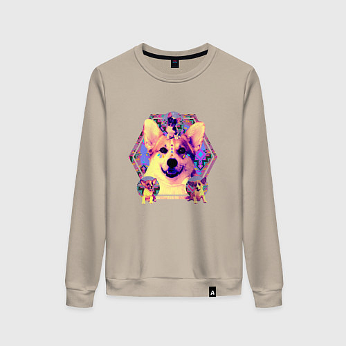 Женский свитшот Коллаж с Корги Психоделика / Миндальный – фото 1