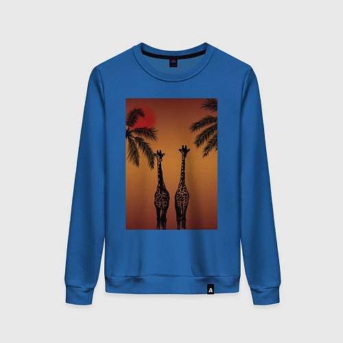 Женский свитшот Жирафы и пальмы на закате / Синий – фото 1