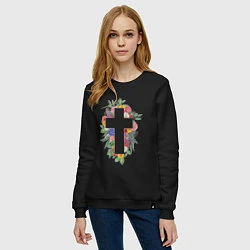 Свитшот хлопковый женский Крест с цветами Cross with flowers, цвет: черный — фото 2