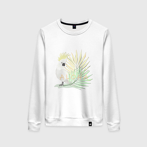 Женский свитшот Белый попугай с хохолком на фоне листьев пальмы / Белый – фото 1
