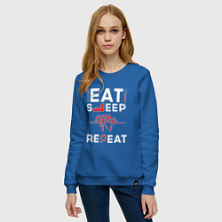 Свитшот хлопковый женский Надпись Eat Sleep Stray Repeat, цвет: синий — фото 2