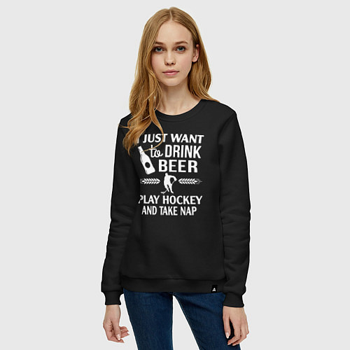 Женский свитшот Я просто хочу пить пиво играть в хоккей и вздремну / Черный – фото 3