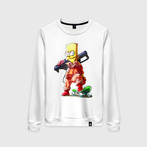Женский свитшот Крутой Барт Симпсон с оружием на плече и скейтборд / Белый – фото 1