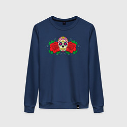 Свитшот хлопковый женский Мексиканский череп и розы, цвет: тёмно-синий