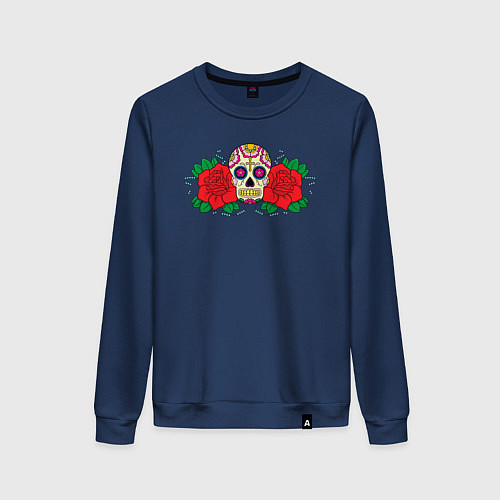 Женский свитшот Мексиканский череп и розы / Тёмно-синий – фото 1