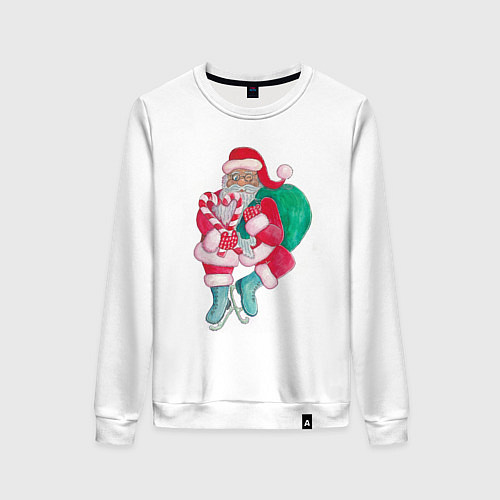 Женский свитшот Санта Клаус с мешком подарков на коньках / Белый – фото 1