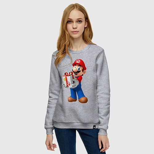 Женский свитшот Марио держит подарок / Меланж – фото 3