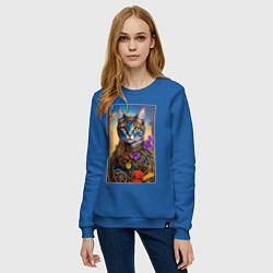 Свитшот хлопковый женский Кот в стиле стимпанк - нейросеть - искусство, цвет: синий — фото 2