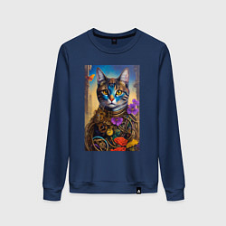 Свитшот хлопковый женский Кот в стиле стимпанк - нейросеть - искусство, цвет: тёмно-синий