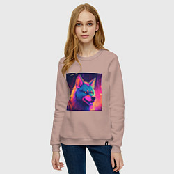 Свитшот хлопковый женский Волк в неоновом свете, цвет: пыльно-розовый — фото 2
