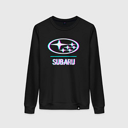 Свитшот хлопковый женский Значок Subaru в стиле glitch, цвет: черный