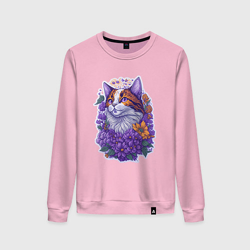 Женский свитшот Рыжий котик и фиолетовые цветы / Светло-розовый – фото 1