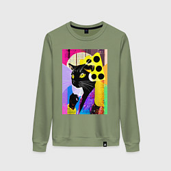 Свитшот хлопковый женский Black cat cheese - pop art - poster, цвет: авокадо