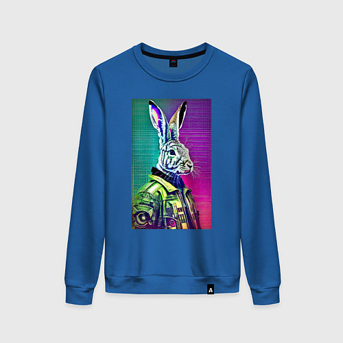 Женский свитшот Неоновый модный заяц - нейросеть / Синий – фото 1