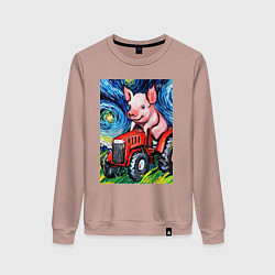 Свитшот хлопковый женский Поросенок на красном тракторе - стиль Ван Гог, цвет: пыльно-розовый