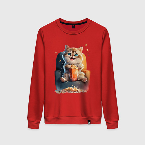 Женский свитшот Веселый котик с попкорном / Красный – фото 1