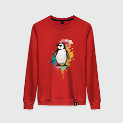 Свитшот хлопковый женский Красочный пингвин, цвет: красный