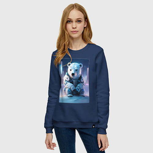 Женский свитшот Полярный медвежонок - киберпанк - нейросеть / Тёмно-синий – фото 3