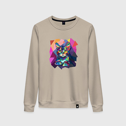 Женский свитшот Кот в стиле полигональном / Миндальный – фото 1