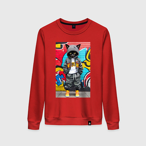 Женский свитшот Уличный котёнок хулиган на фоне граффити - нейросе / Красный – фото 1