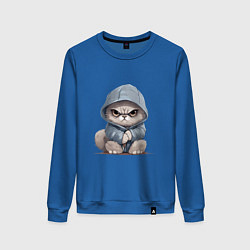 Свитшот хлопковый женский Злой кот в капюшоне, цвет: синий