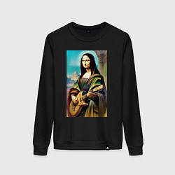 Свитшот хлопковый женский Мона Лиза лабает на гитаре, цвет: черный