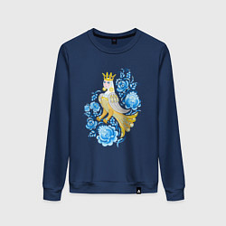 Свитшот хлопковый женский Птица Сирин в цветах по мотивам гжельской росписи, цвет: тёмно-синий