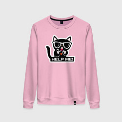 Свитшот хлопковый женский Чёрный котёнок в очках просит о помощи, цвет: светло-розовый